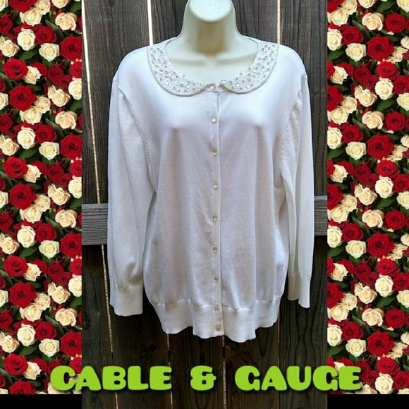 CABLE & GAUGE Sweaters - CABLE & GAUGE WHITE EMBELLISHED COLLAR CARDIGAN